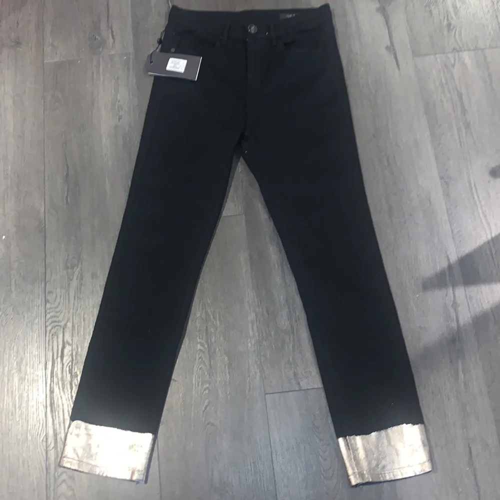 Rag & Bone NWT Bilbury Ankle Cigarette Metallic Hem Jean Size 25 Black/Gold - Picture 8 of 14